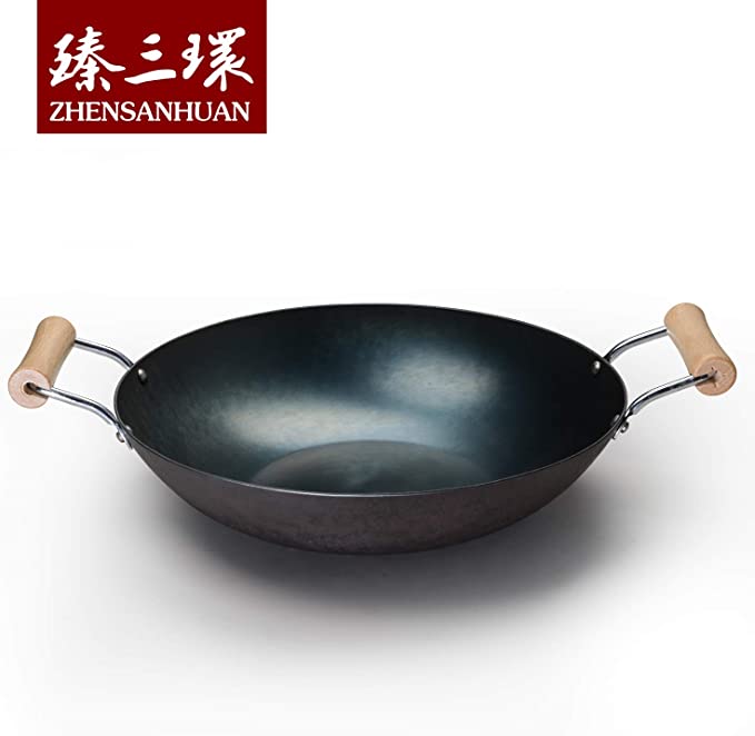 ZhangQiu ZhenSanHuan Chinese Hand Hammered Two Handles Flat Bottom Carbon Steel Wok