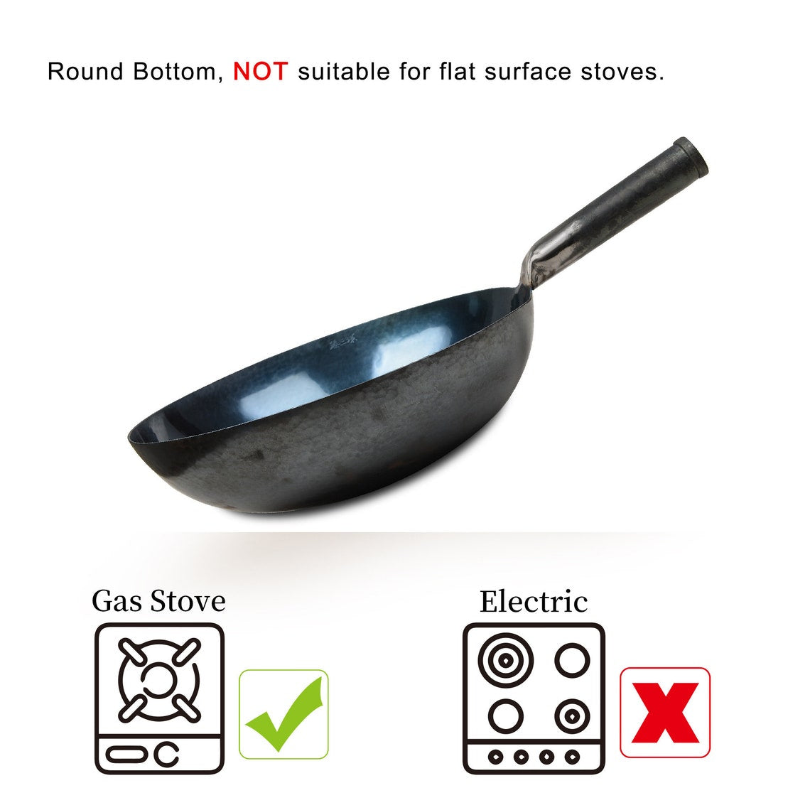 ZhangQiu ZhenSanHuan Chinese Hand Hammered Iron Handle Round Bottom Carbon Steel Wok