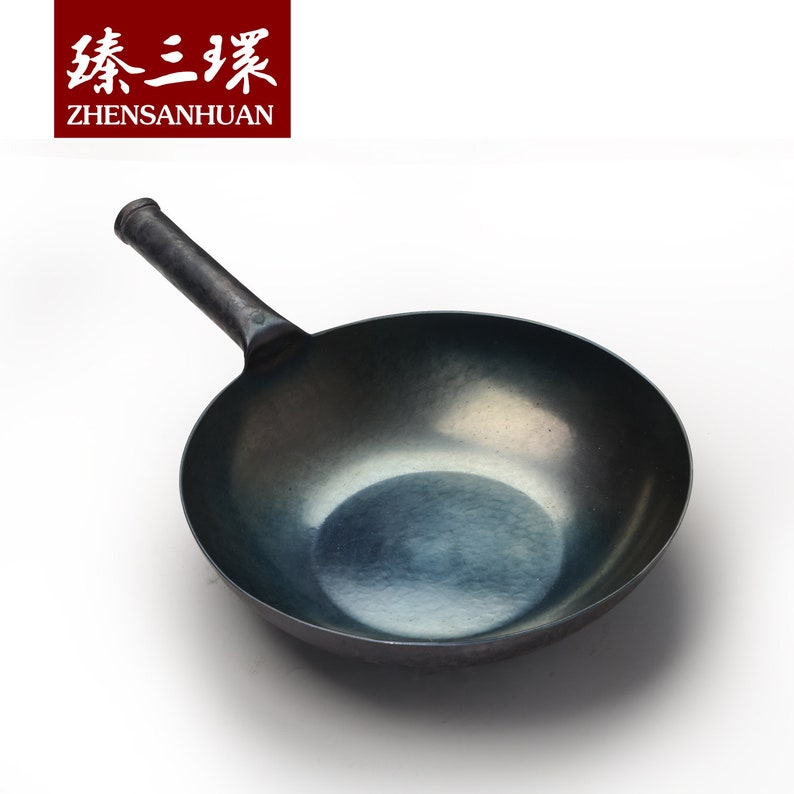 ZhangQiu ZhenSanHuan Chinese Hand Hammered Flat Bottom Carbon Steel Wok