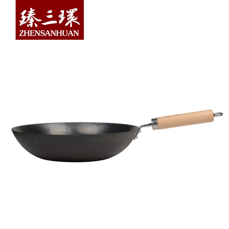 ZhangQiu ZhenSanHuan Chinese Hand Hammered Flat Bottom Carbon Steel Wok