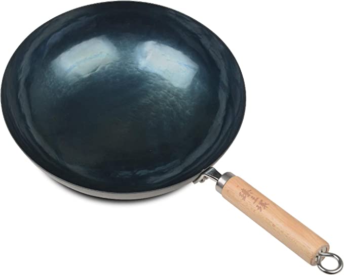 ZhangQiu ZhenSanHuan Chinese Hand Hammered wooden Handle Round Bottom Carbon Steel Wok
