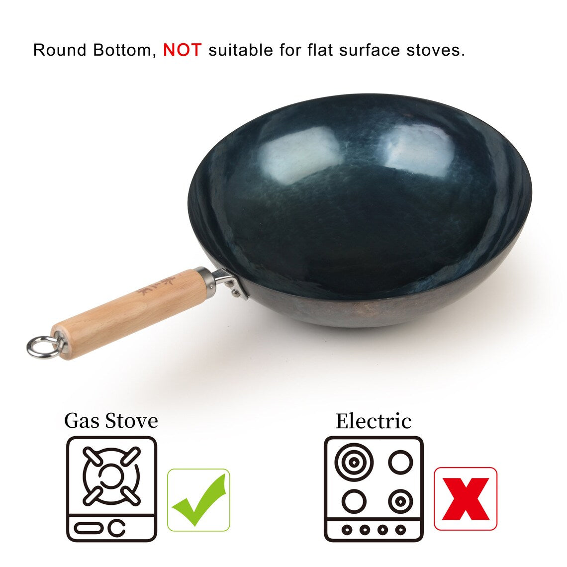 ZhangQiu ZhenSanHuan Chinese Hand Hammered wooden Handle Round Bottom Carbon Steel Wok