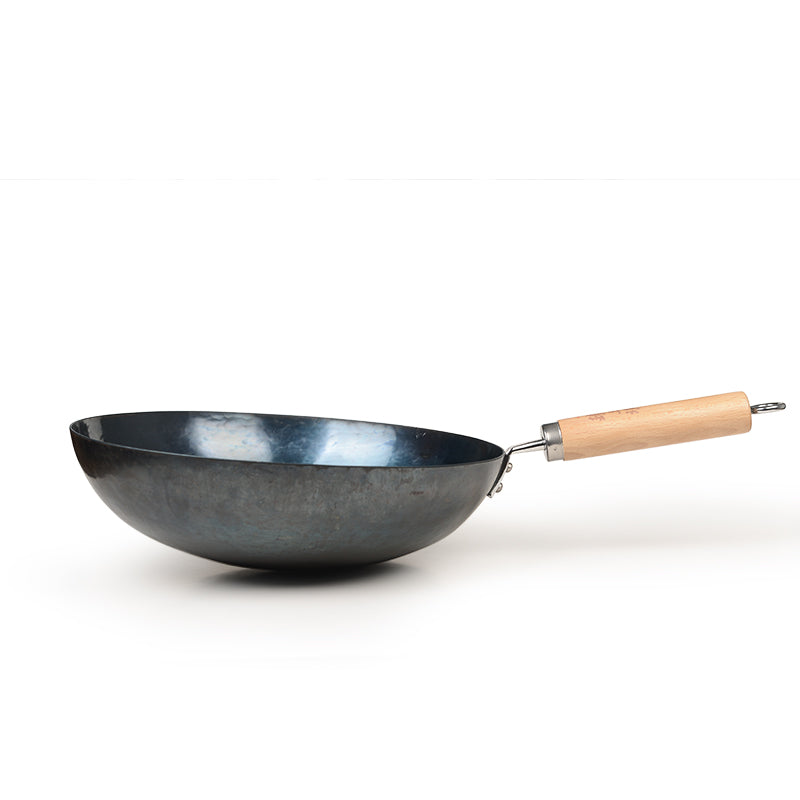 ZhangQiu ZhenSanHuan Chinese Hand Hammered wooden Handle Round Bottom Carbon Steel Wok