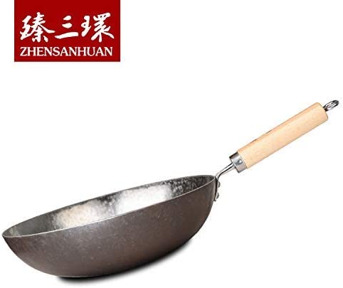ZhangQiu ZhenSanHuan Chinese Hand Hammered wooden Handle Round Bottom Carbon Steel Wok