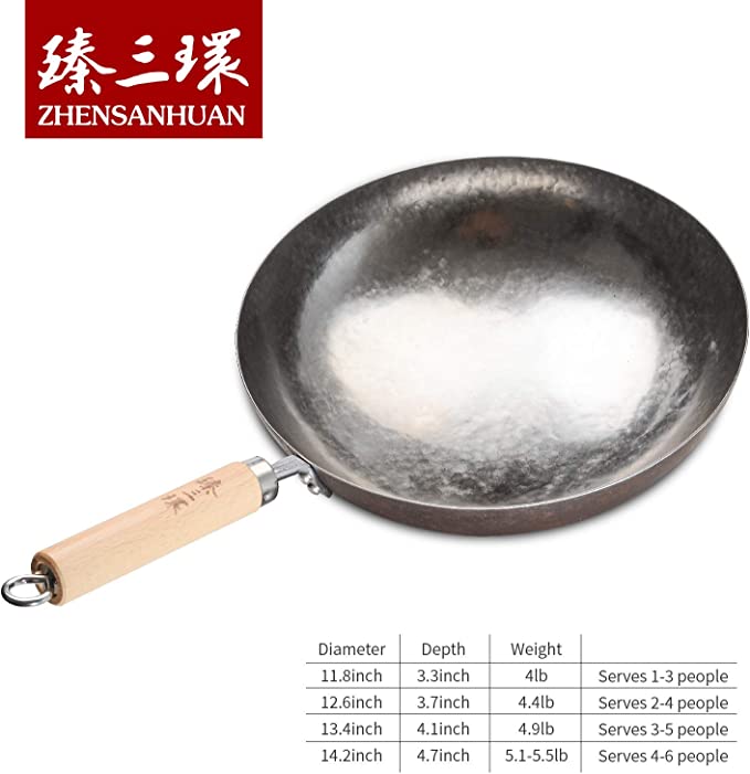 ZhangQiu ZhenSanHuan Chinese Hand Hammered wooden Handle Round Bottom Carbon Steel Wok