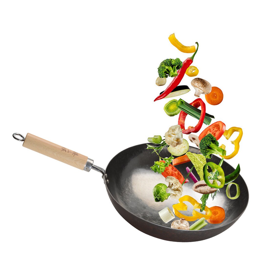 ZhangQiu ZhenSanHuan Chinese Hand Hammered wooden Handle Round Bottom Carbon Steel Wok