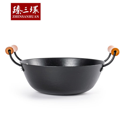 ZhangQiu ZhenSanHuan Handmade Flat Bottom Helmet Shape Cast Iron Wok/Pot