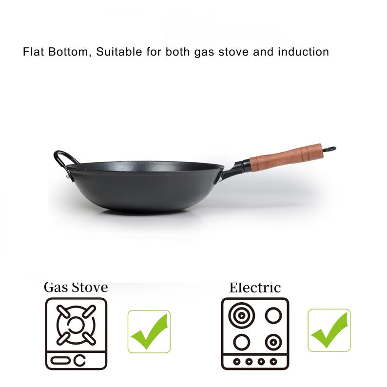 ZhangQiu ZhenSanHuan Chinese Handmade Wook Handle Flat Bottom Cast Iron Wok With Helper
